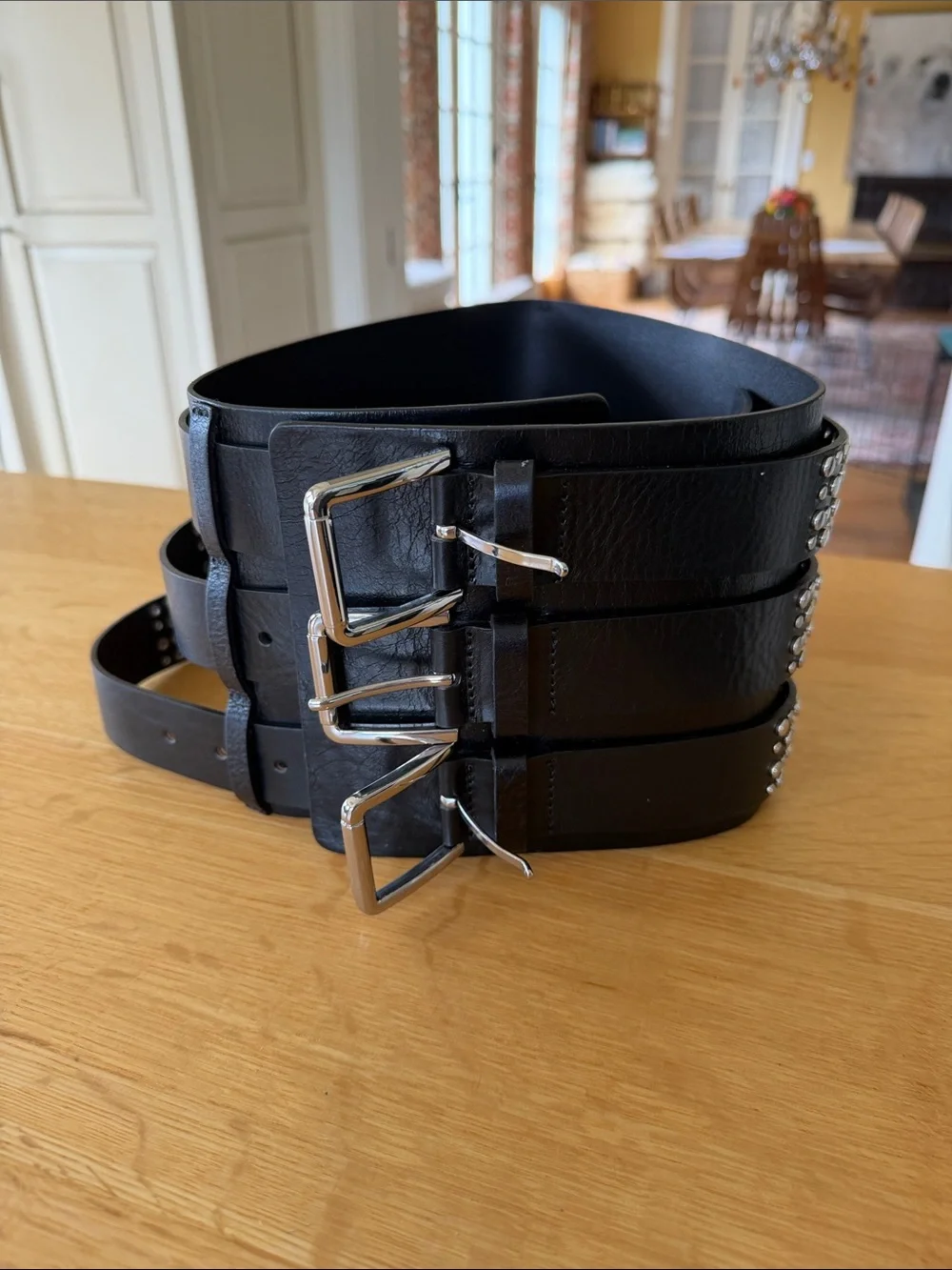 Wide Black Triple-Buckle Leather Waist Belt